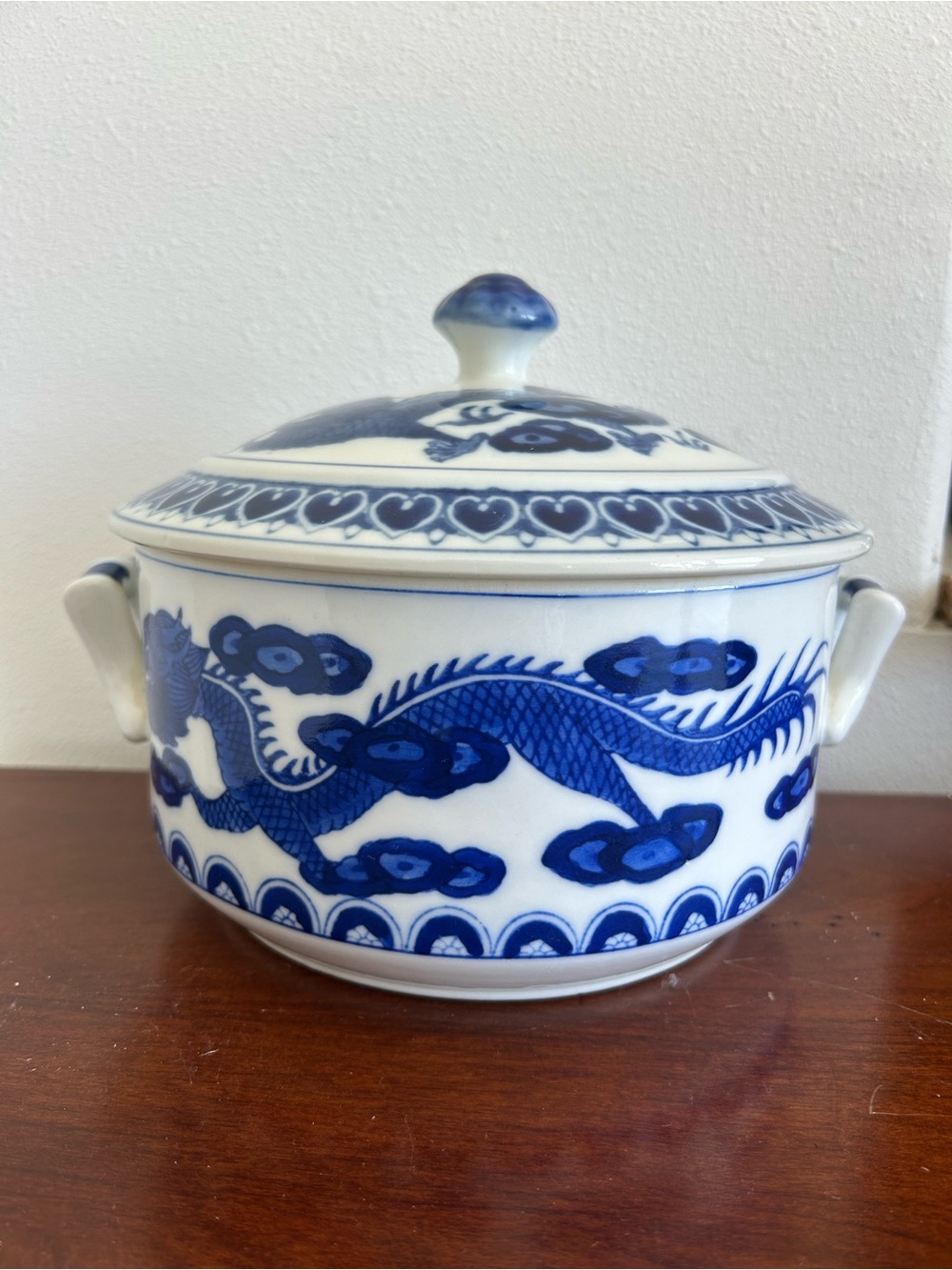 Blue and White Dragon Porcelain Lidded Serving Bowl